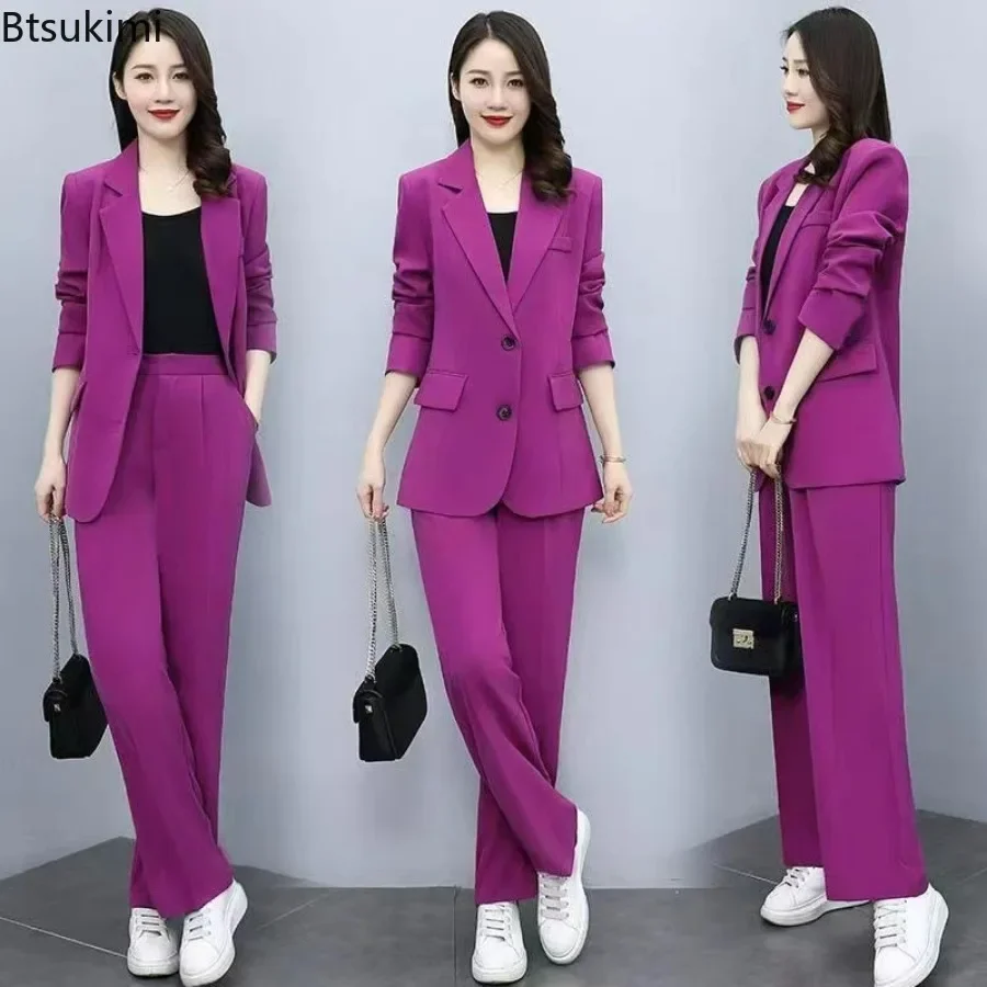 2024 Women's Formal Office Pants Sets 2PCS Solid Single Breasted Pocket Blazer Jacket and Pants Sets Elegant Ladies' Suit Sets