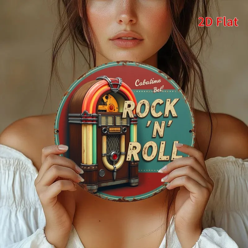 1pc Retro Rock 'N' Roll Neon Aluminum Wall Plaque - 7.8x7.8 Inch Round Vintage Jukebox Sign, Durable Iron Decor for Bedroom