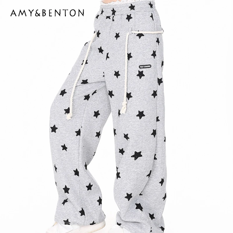 

Retro Design Full Print Star Pattern Women's Casual Pants Autumn Winter Loose Draped Straight Elastic Waist Sweatpants Ladies