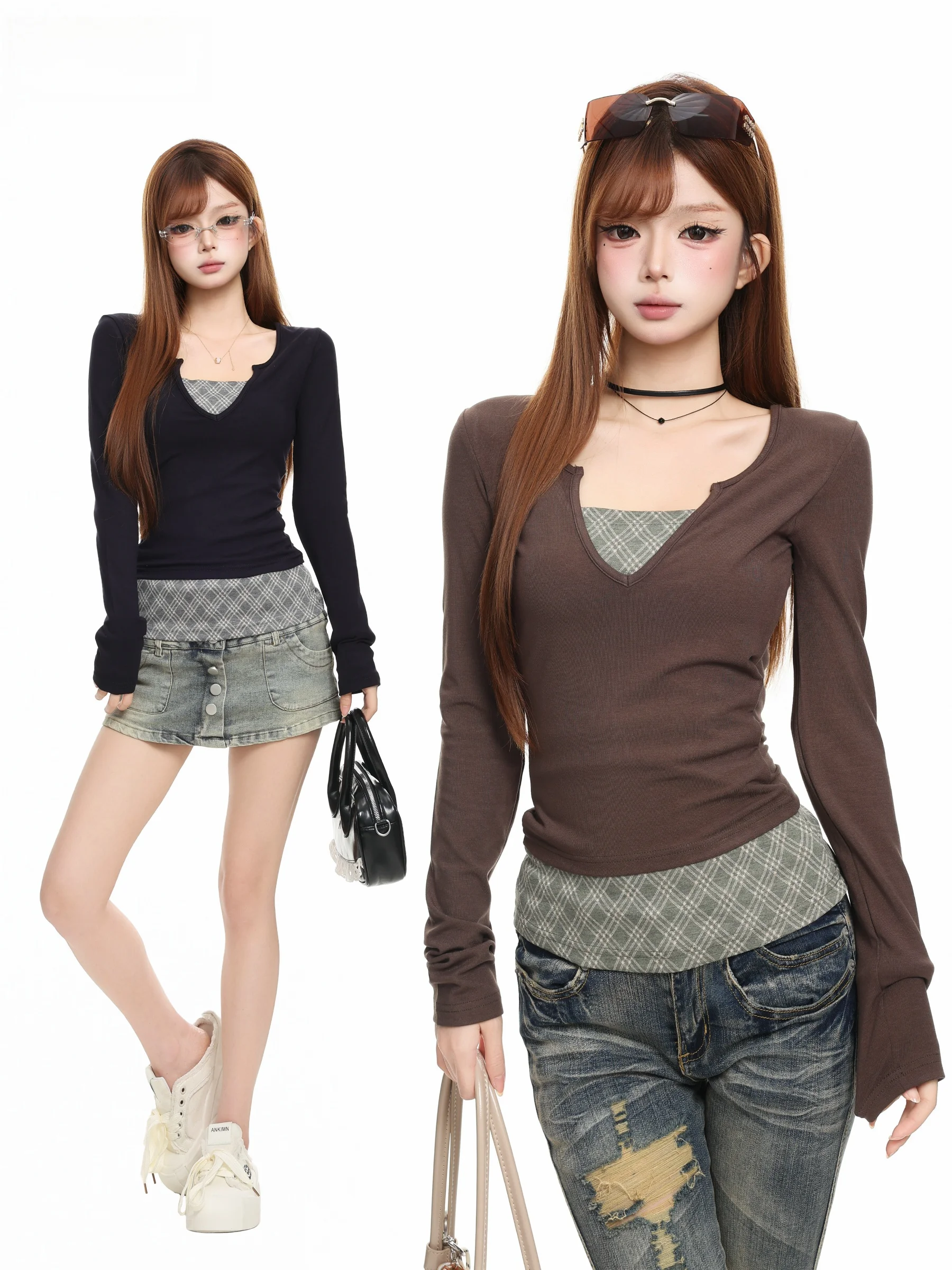BASTERDS Korean Plaid Long Sleeve V-neck Women's Slim Fit T-shirt Autumn Base Layer Shirt Top High Waist Standard Thickness