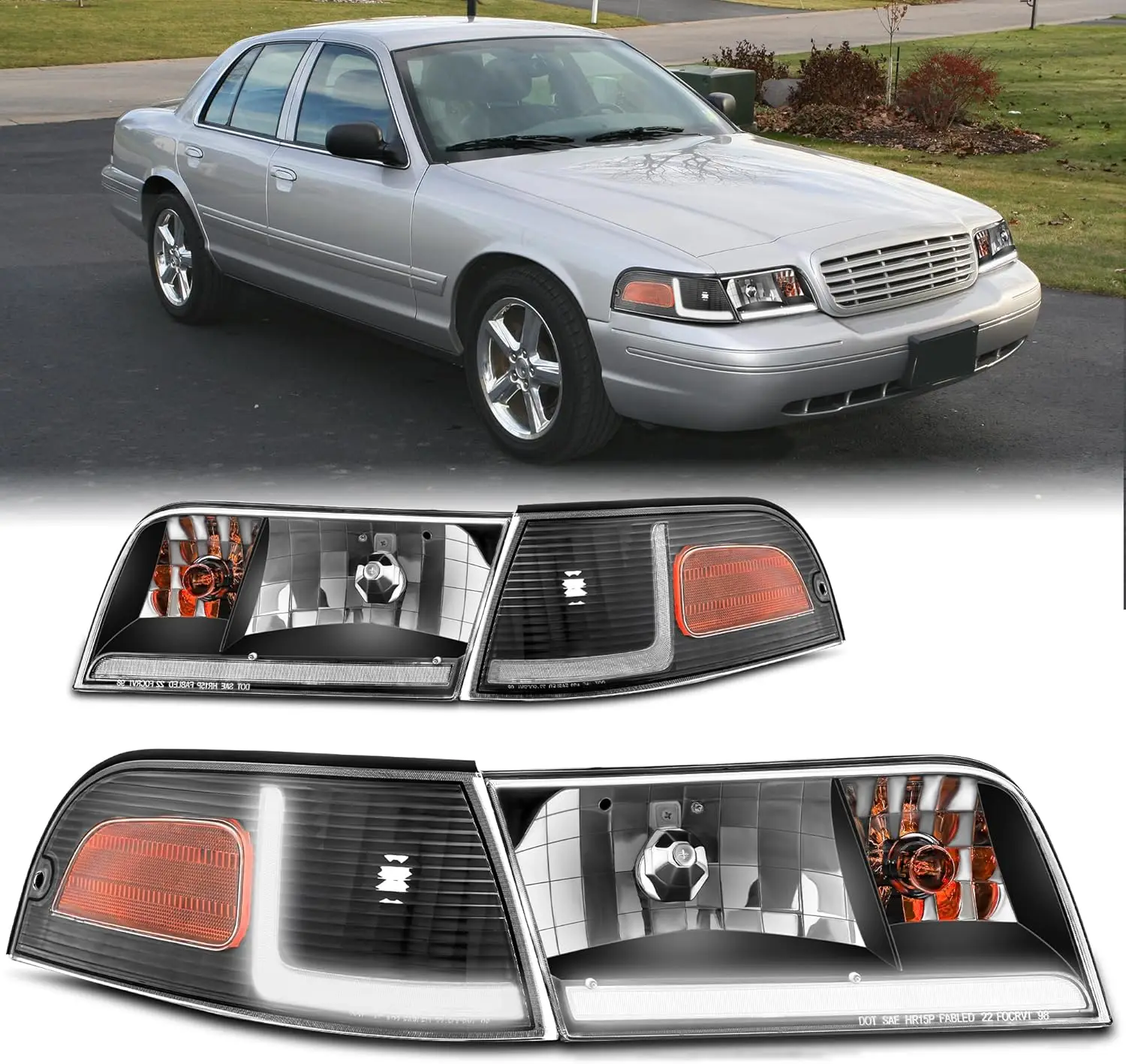 LED DRL Headlight Assembly Compatible with 1998-2011 Ford Crown Victoria, Includes Corner Headlamp, Black Housing Amber Reflecto
