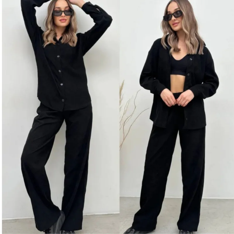 

New simple fashion casual long-sleeved top rubber pants two-piece set versatile temperament elegant holiday style high-end dress