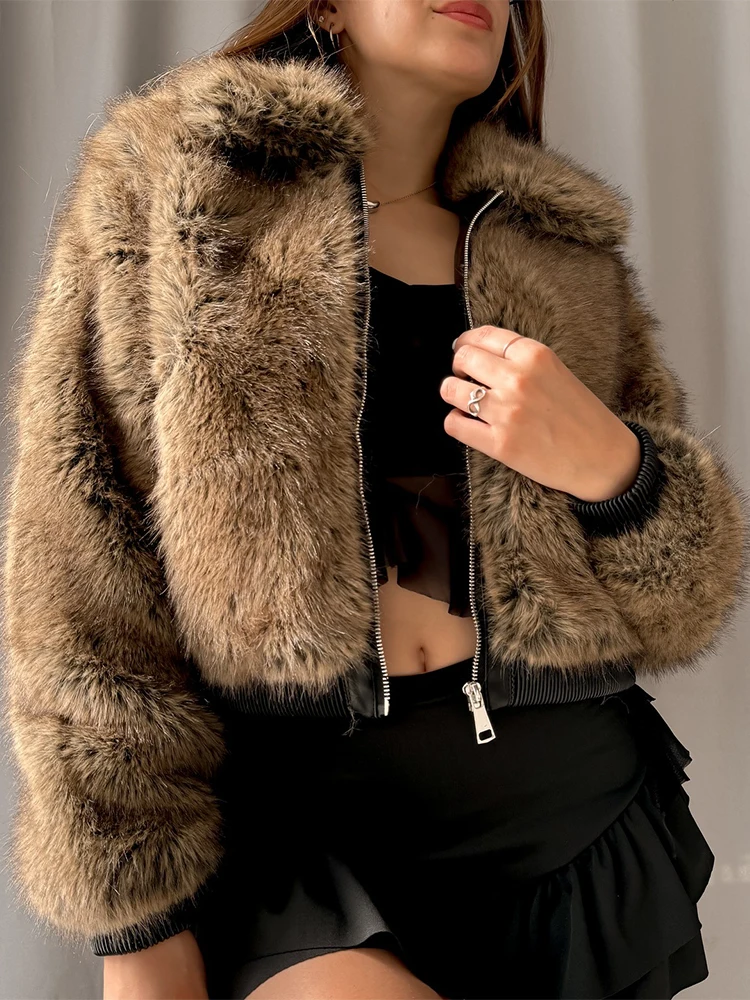 SLTNX Winter Women Elegant Long Sleeve High Neck Faux Fur Jackets Lady High Street Chic Thick Warm Loose Zipper Coats Outerwear - view 4