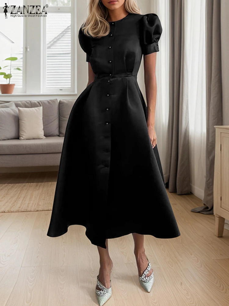 

ZANZEA Summer Sundress Women Elegant Satin Long Dress 2025 Fashion Puff Short Sleeve Waisted Party Office Lady Solid Vestidos