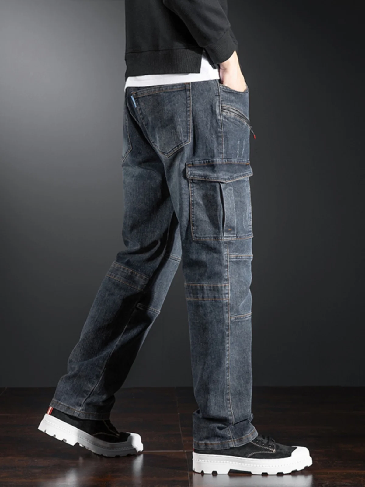 

Мужские джинсы в стиле ретро для мотоциклистов, с элементами пэчворка, модные, брендовые, с множеством карманов, прямые, зауженные, эластичные, для езды на мотоцикле