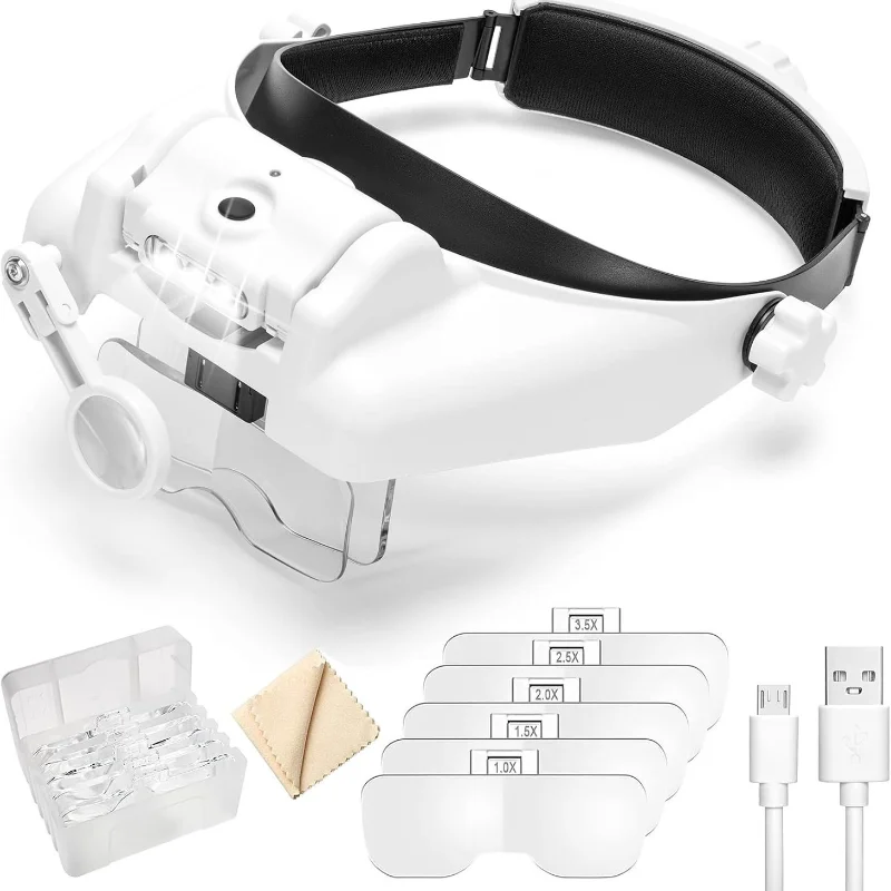 MG82000MC Head Mount Magnifier 3 LED Lights USB Rechargeable Multi Lenses Hands Free Magnifying Glass Watch Phone Repair Tool