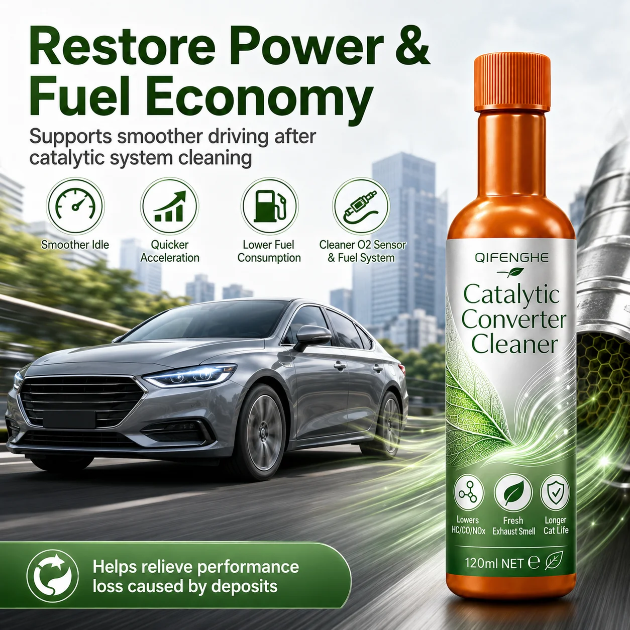 QIFENGHE High Efficiency Catalytic Cleaner 120ml, Prolong Catalytic Life, Lower Emissions, Pass Inspection, Pour and Drive