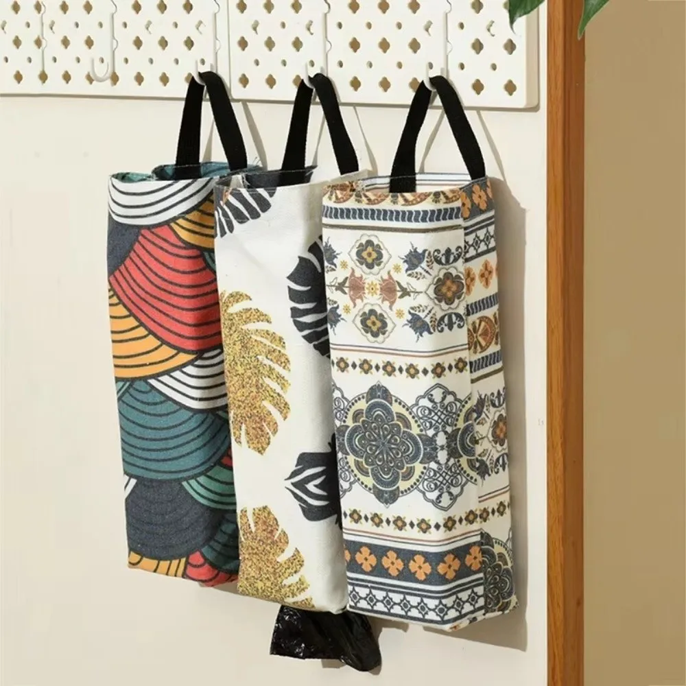 Printed Pattern Plastic Bag Holder Pull-out Storage Dispensers Trash Bags Holder Breathable Cloth Wall-mounted