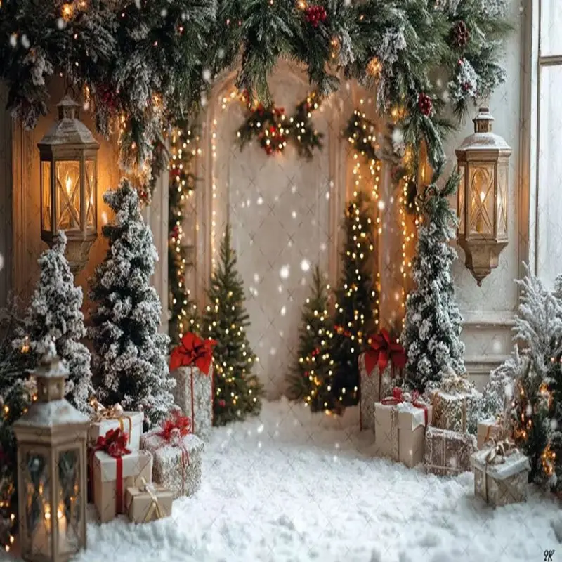 VIKAMA Photography Background Christmas Snowy Arch Lights Scene Photo Backdrop Family Party Birthday Festival Home Decor