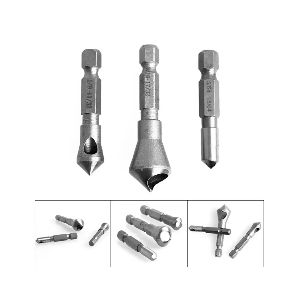 Krachtige 3Pcs 3/16-17/32 1/8-11/32 5/64-15/64 Hex Shank Countersunk Bit Set for Woodworking Deburring Metal Wood Plastic