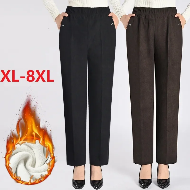 Spring Autumn Women Corduroy Pants New Elastic High Waist Casual Middle and Old Mom Pants Winter Plushed Warm Straight Pants 8XL