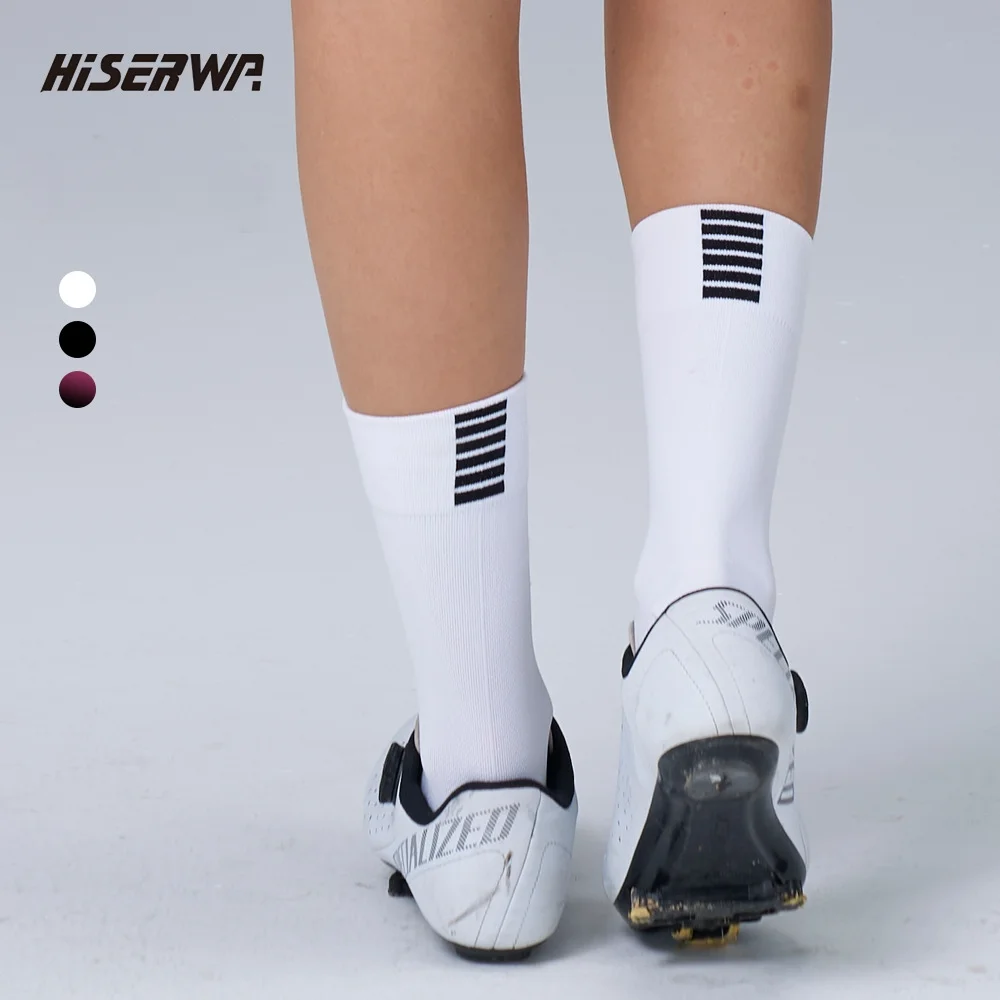 Hiserwa Cotton Cycling Socks Mid Calf Breathable Sweat Absorbent Road Bike Anti Slip Socks Summer Sports  For Men Women