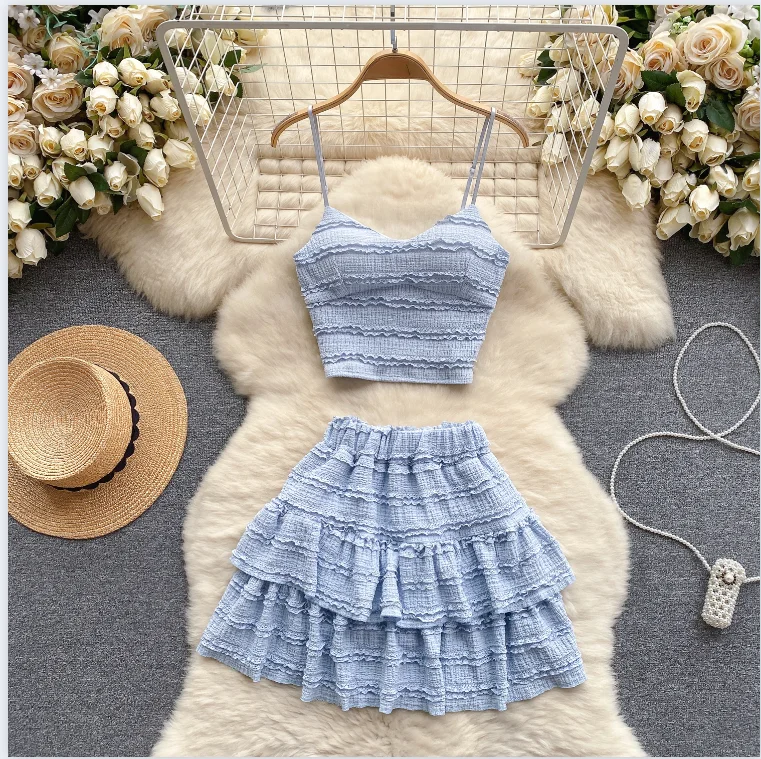 

Sweet Ruched Two Pieces Sets V Neck Strap Crop Tops+Short Pleated Skirt Women Korean Style Chic Summer Beachwear Suits