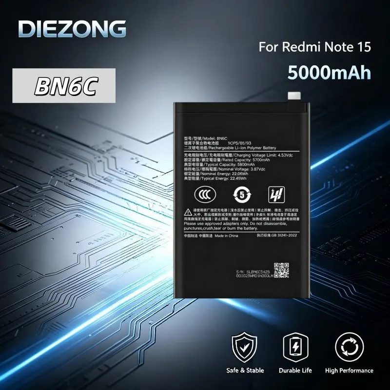 5000mAh Large Capacity BN6C Suitable for Xiaomi Mobile Phone Battery Redmi Note 15 New Electric Board Long Lasting Battery Life