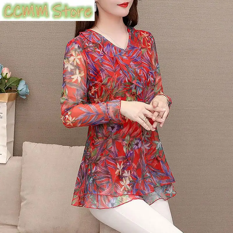 

Spring Autumn Floral Printed Slim Waist Blouse Female Clothing Commute Long Sleeve Elegant V-Neck Fashion Ruffles Spliced Shirt