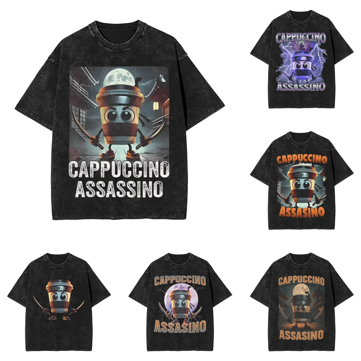 

Cappuccino Assassino Men's T Shirts Washed Italian Brainrot Meme Tees Short Sleeve Round Collar T-Shirts 100% Cotton Clothes