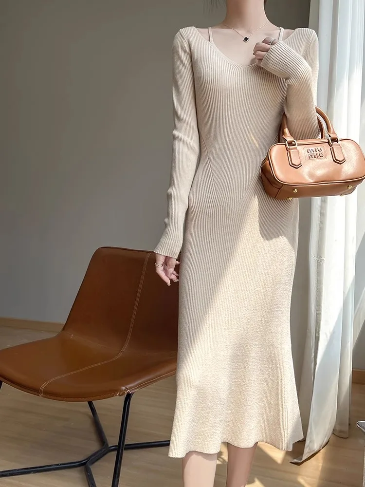 Feminino de malha longa dr emagrecimento interior usar camada base camisola dr cintura alta v-ne midi saia para outono inverno