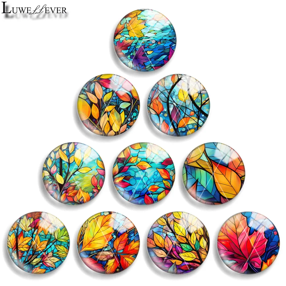 12mm 10mm 20mm 25mm 30mm 40mm 933 Leaves Mix Round Glass Cabochon Flat Jewelry Finding 18mm Snap Button Charm Bracelet