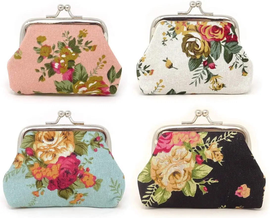 4PCS Canvas Floral Rose Flower Coin Purse Kiss Lock Change Purse Vintage Trinkets Pouch Small Women Wallet Clutch Purse