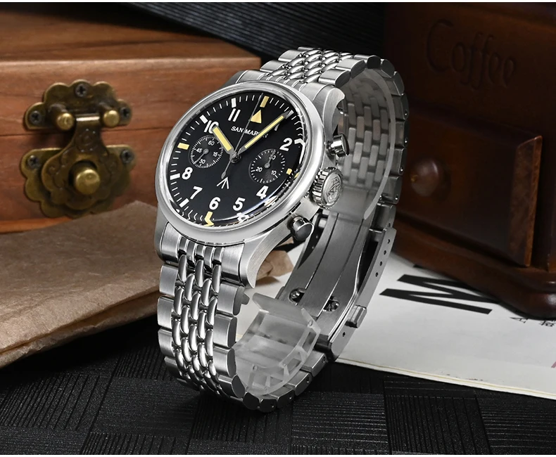 San Martin Men Chronograph Watch 38.5mm Panda Manual Wind Mechanical Wristwatch 10ATM Waterproof Luminous Sapphire ST1901