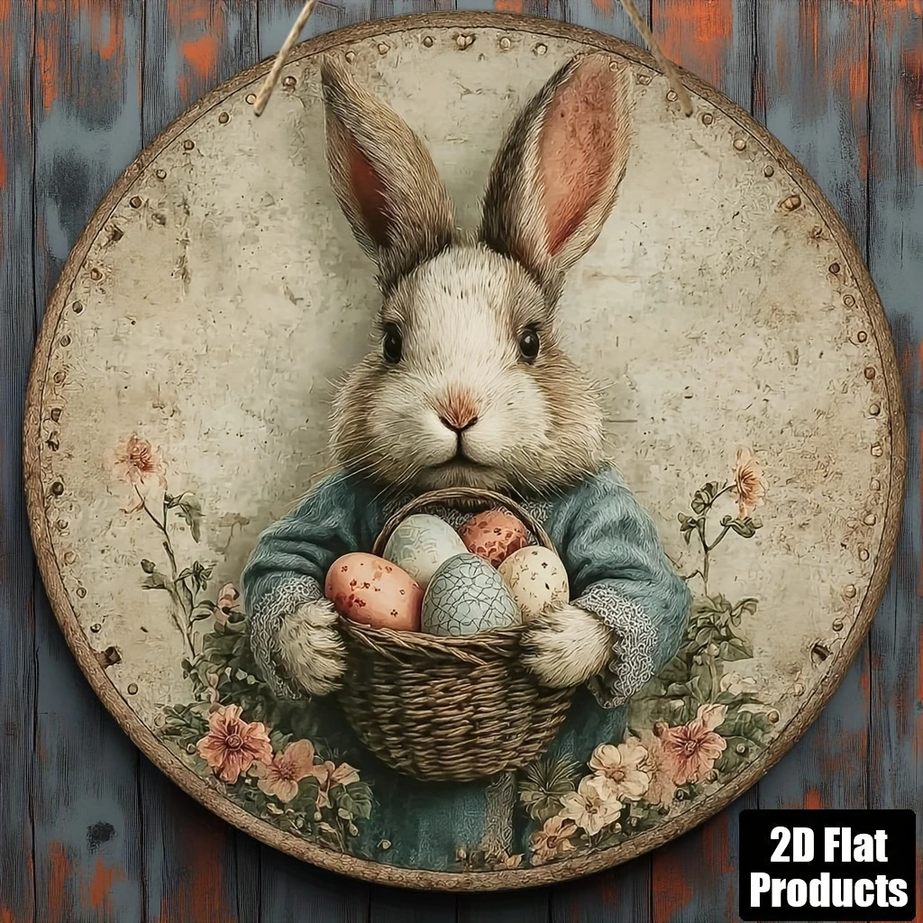 20cm 1PCS 2D Retro Rural Natural Easter Rabbit Bonus Content Wooden Round Plate Furniture Hanging Wall Decoration Gift Part