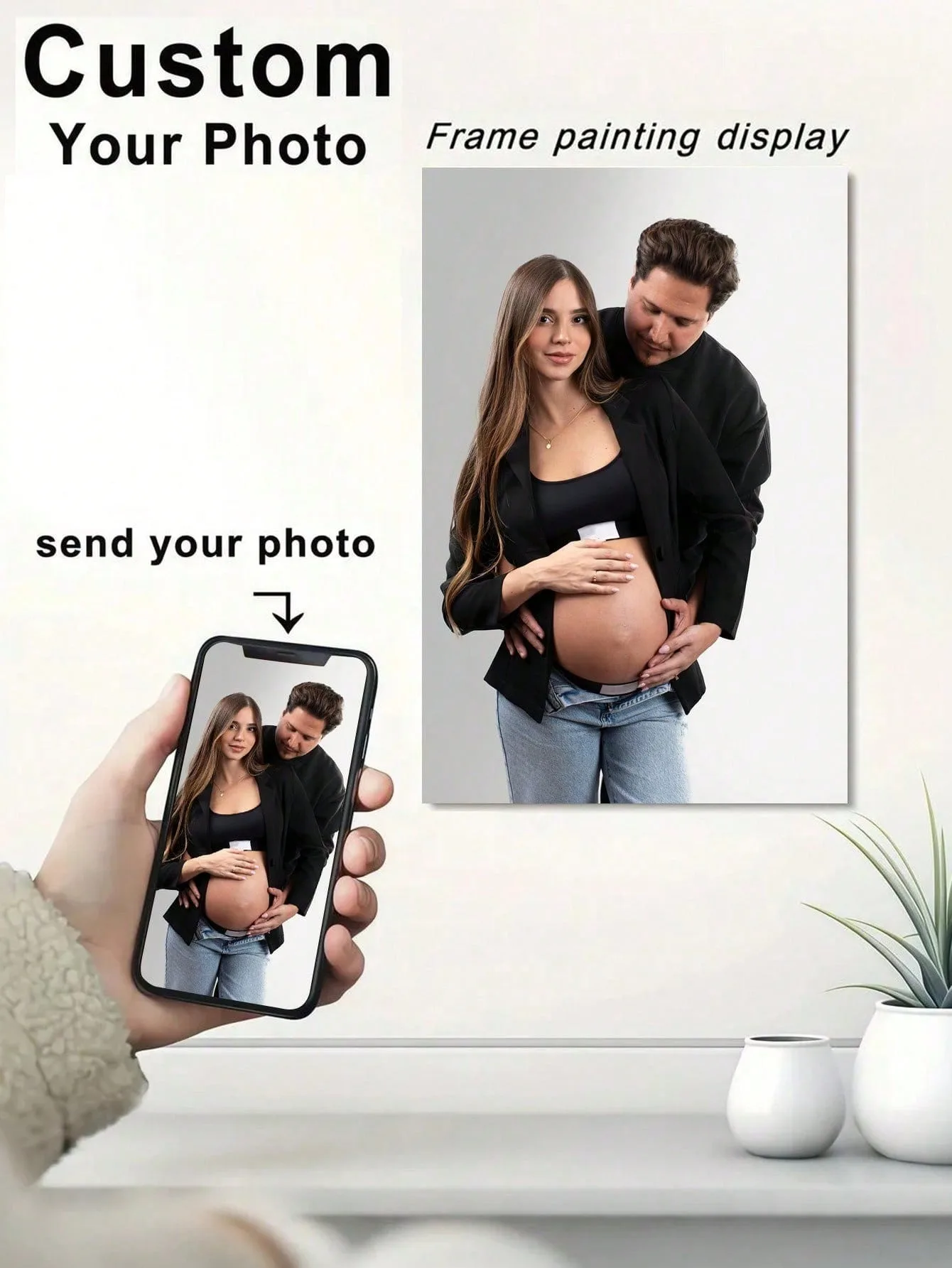 Custom Maternity Canvas Print Personalized Couple Photo Wall Art, Pregnancy Portrait Painting for Bedroom Living Room Home Decor