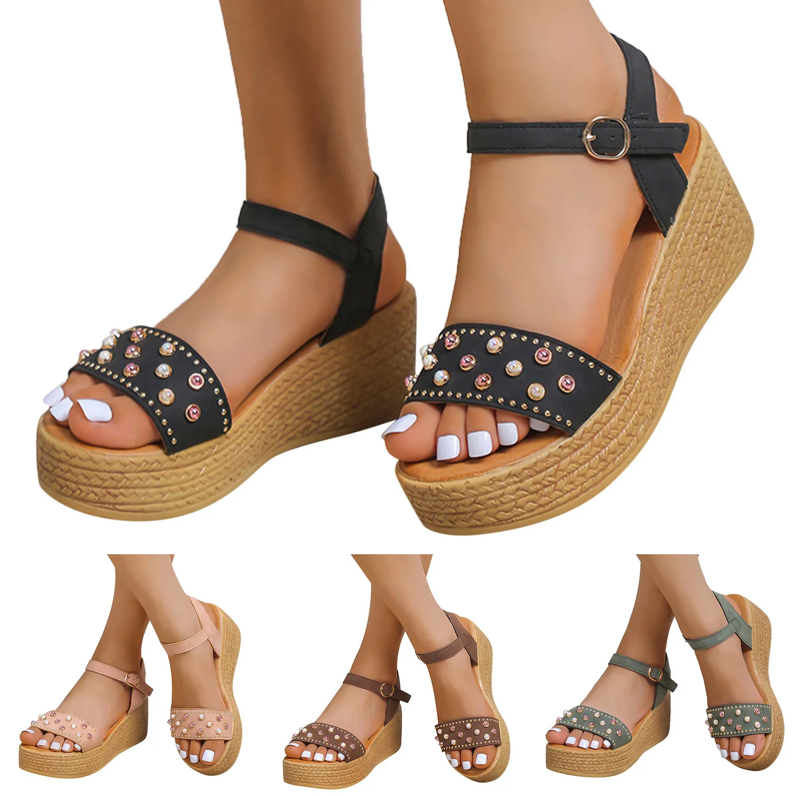 Ladies Wedge Beads Sandals Wedge Heel Platform Fashion Casual Button Strap Sandals T Strap Sandals For Women Comfort