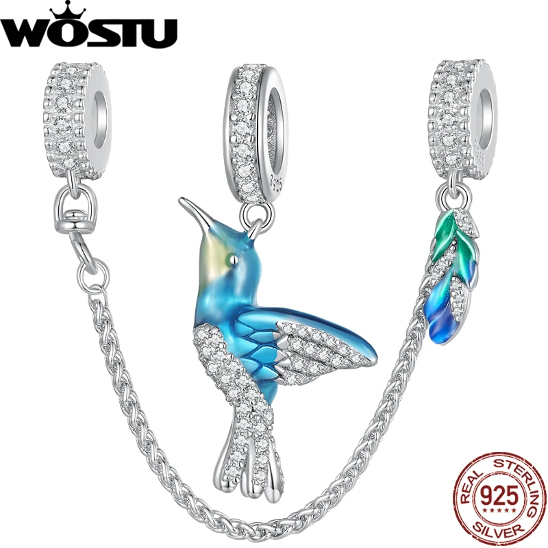 

WOSTU 925 Sterling Silver Feather Safety Chain Enamel Gradient Blue-green Kingfisher Pendent Fit Original Bracelet DIY Gift