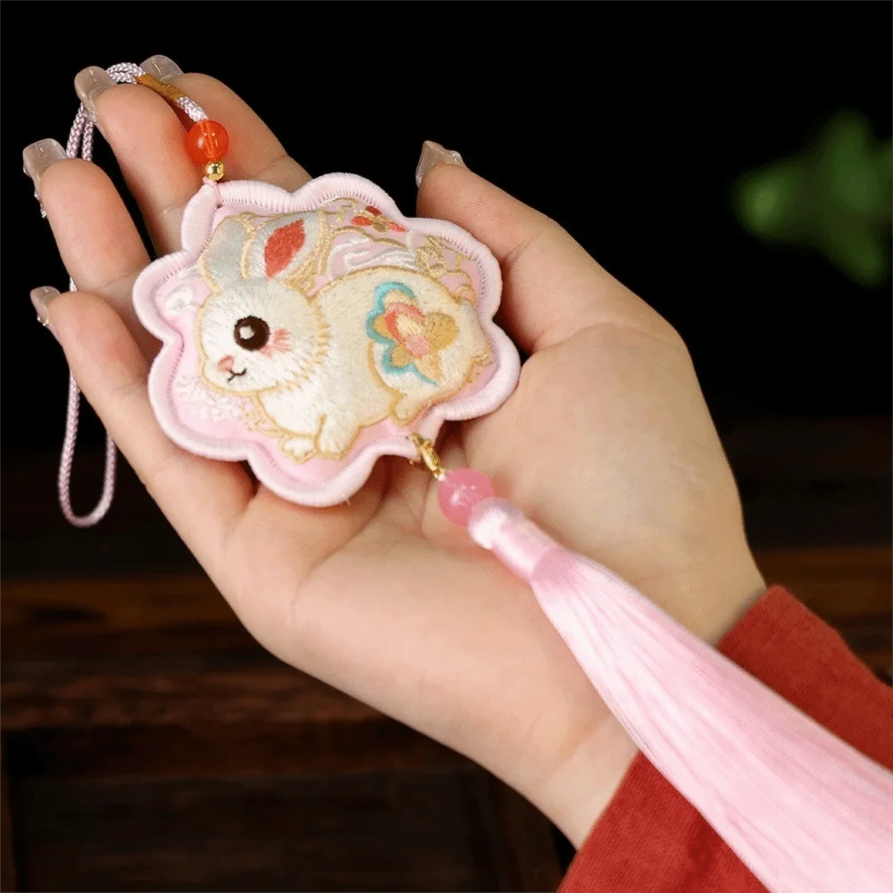 Chinese Traditional Mid-Autumn Festival Rabbit Scented Pouch with Tassel Embroidery Patterns Hanfu Sachet Bag Handmade Blessing
