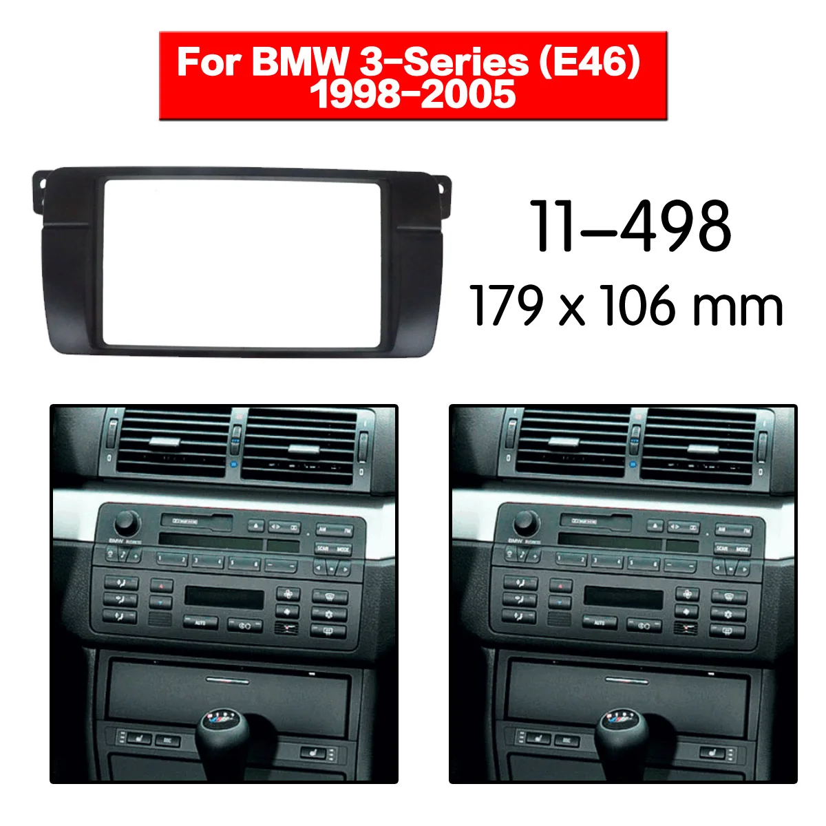 For BMW 3-Series E46 1998-2005 Fascia Panel Stereo Installation Kit Center Console Trim 179x106mm for Vehicle Upgrade