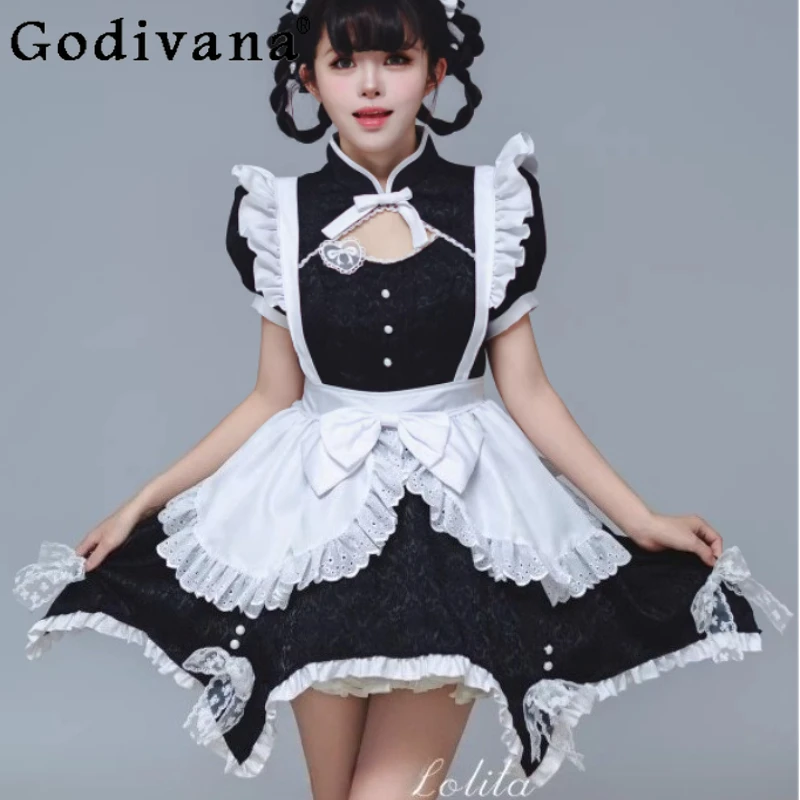 

Large Size COS Black White Jacquard Chinese Maid Dress Elegant Stand Collar High Waist A-line Versatile Short Sleeve Dresses