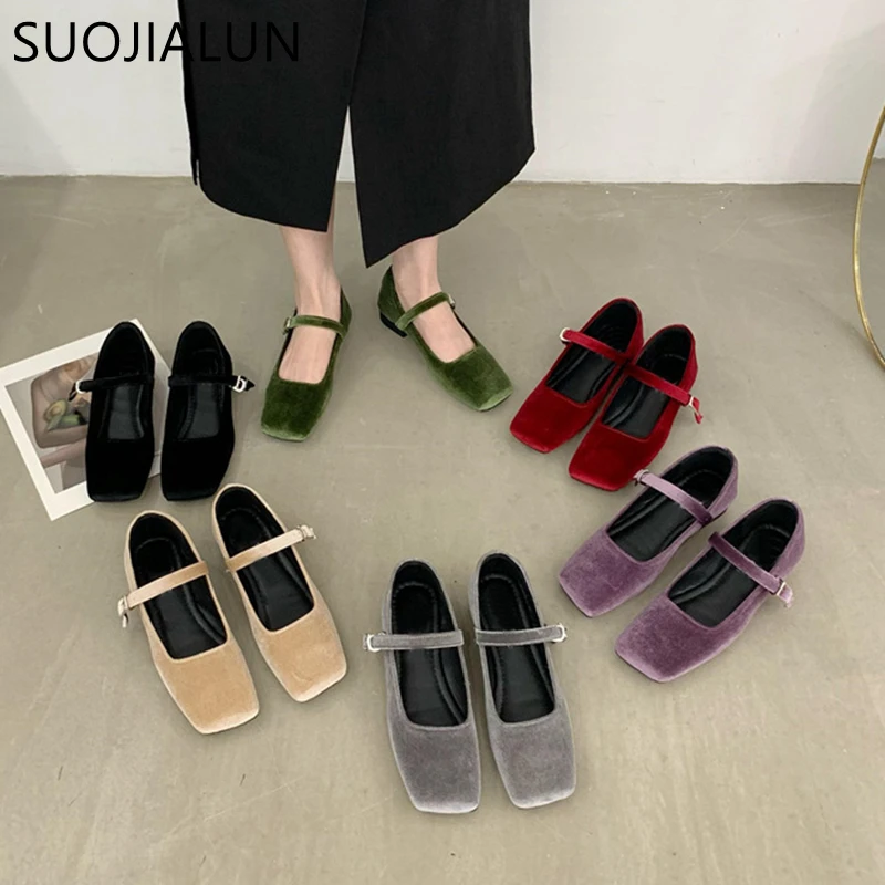 SUOJIALUN 2023 Spring New Women Flat Shoes Square Toe Shallow Buckle Ladies Elegant Sole Ballte Shoes Casual Loafers Shoes