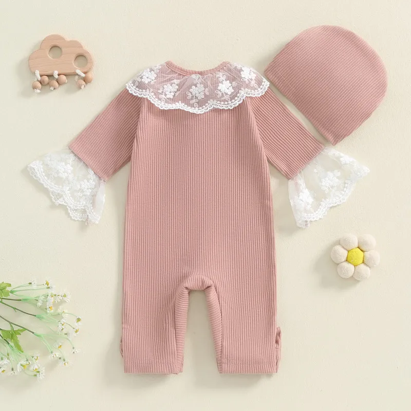 RUEWEY Newborn Baby Girl Lace Trim Romper Spring Autumn Clothes Long Sleeve Bow Jumpsuit with Turban Hat Baby Clothing