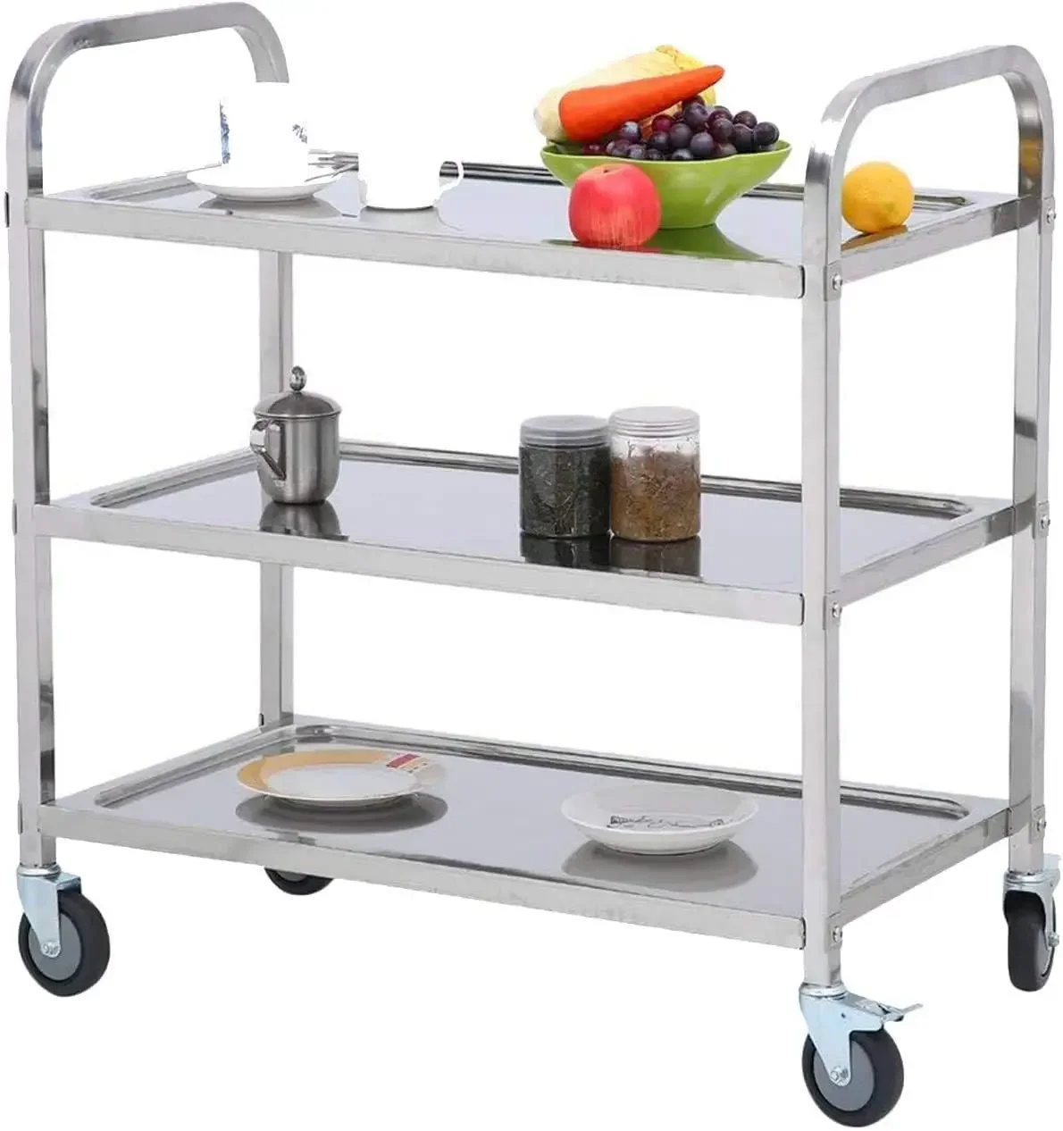 3 Shelf Stainless Steel Cart Heavy Duty Industrial Serving cart with 360°Rotation Wheels Kitchen Island Stainless Steel Storage