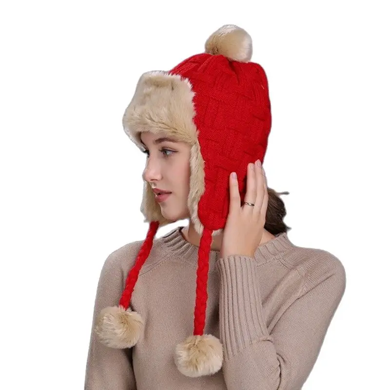 

Winter thick fur beanie cap Bomber cap Adult women earflap ear protection hats with plush Plaid skullies hats cycling