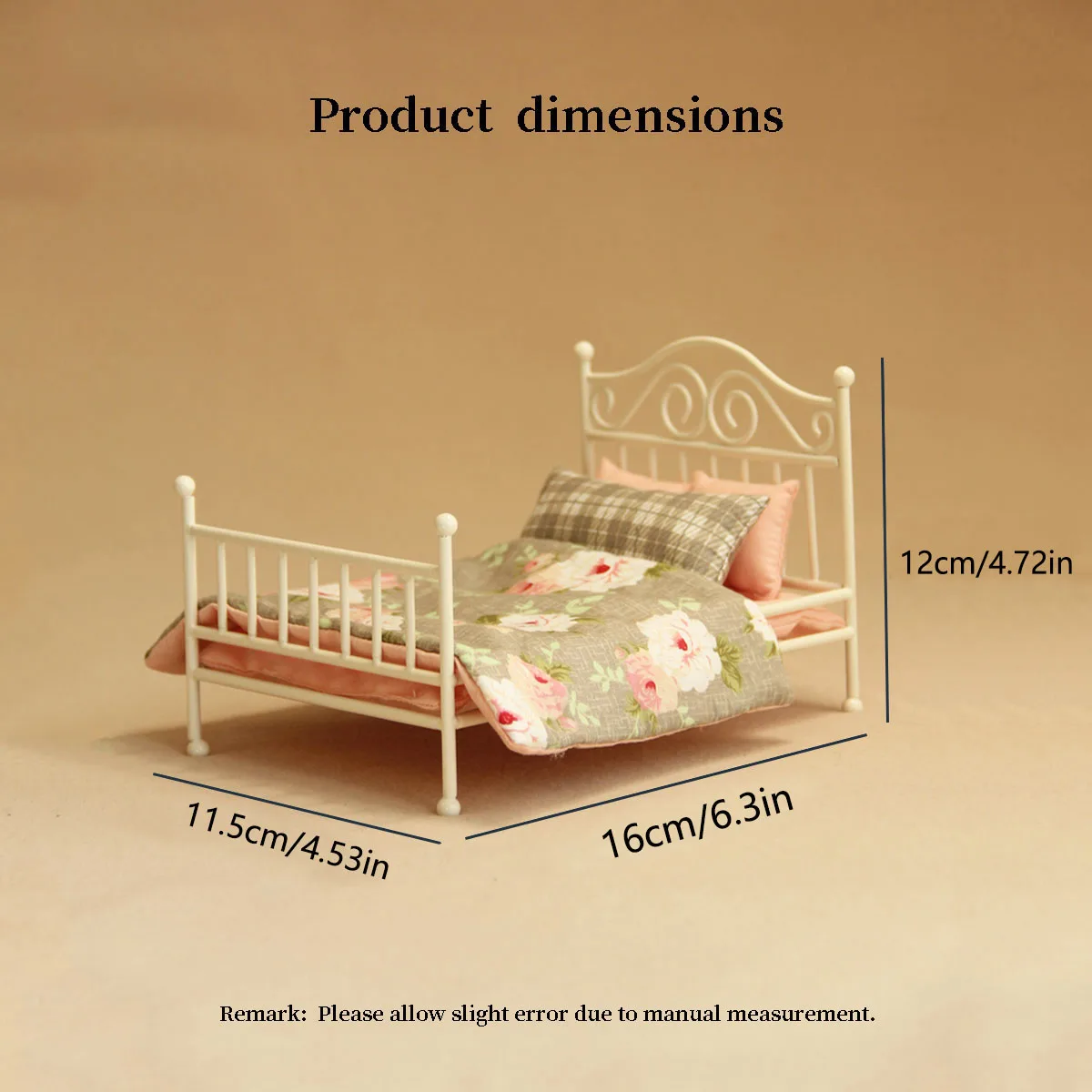 1:8-1:12 miniature furniture L-16cm iron bed with 3-piece bedding set and bed curtain suitable for mini house decoration view 4
