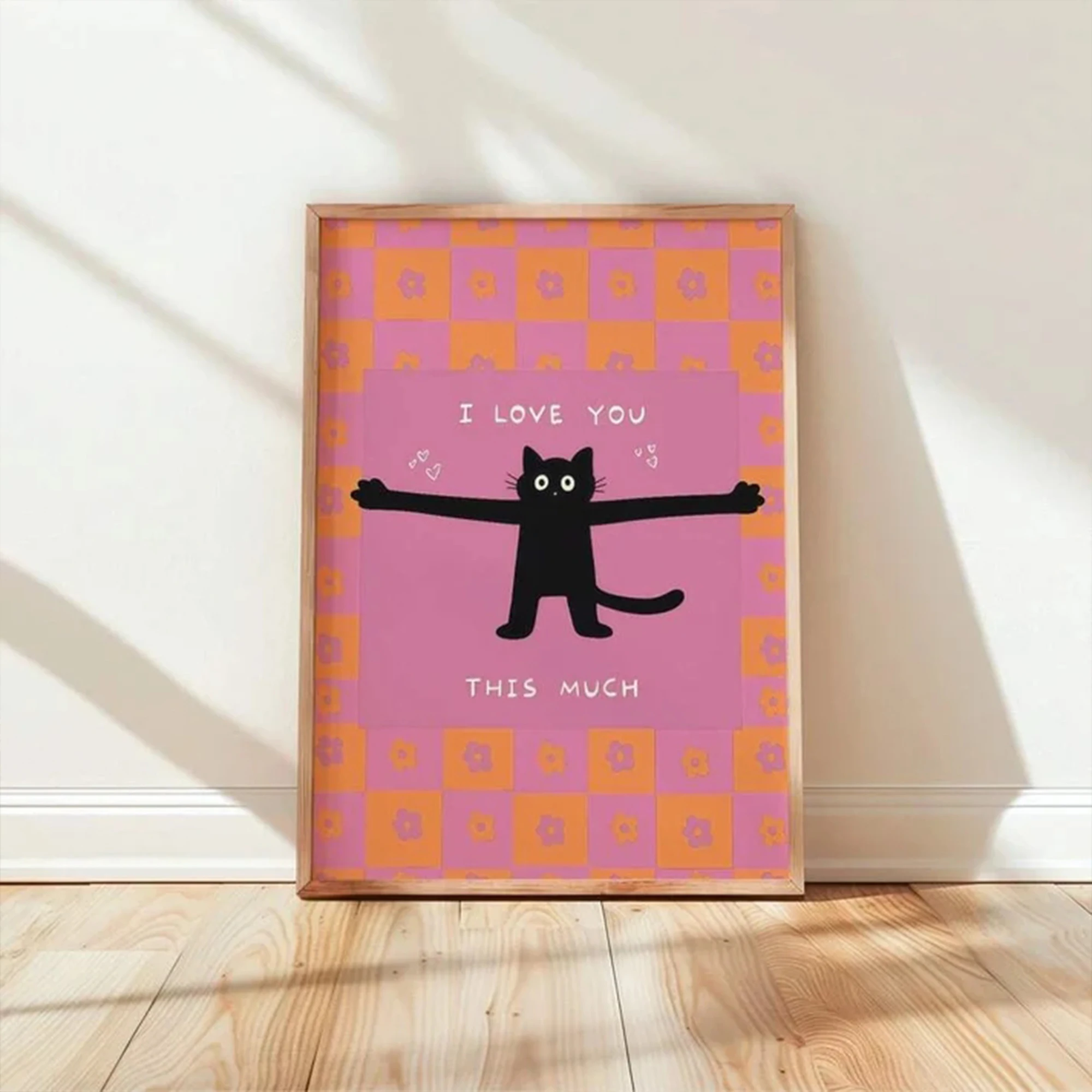 Retro Checkered Pink Orange Black Cat Love Quote Wall Art Print Canvas Painting Poster Picture For LivingRoom,Bedroom Home Decor