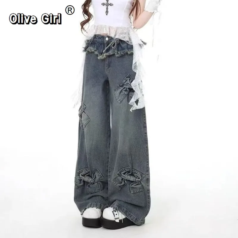 Olivegirl-pantalones vaqueros con lazo Y2k para mujer, pantalón vaquero Retro americano Harajuku, pantalones holgados de pierna ancha con retales de gran tamaño