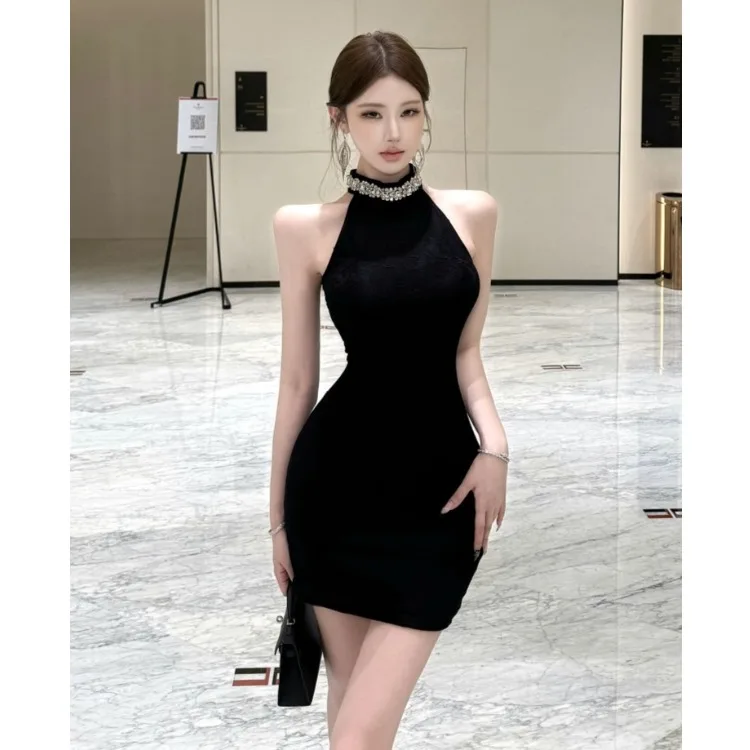 Southeast Asian Luxury Diamond Embellished Neckline Dress Slimming Short Skirt High Waist Polka Dot Polyester Summer Dress