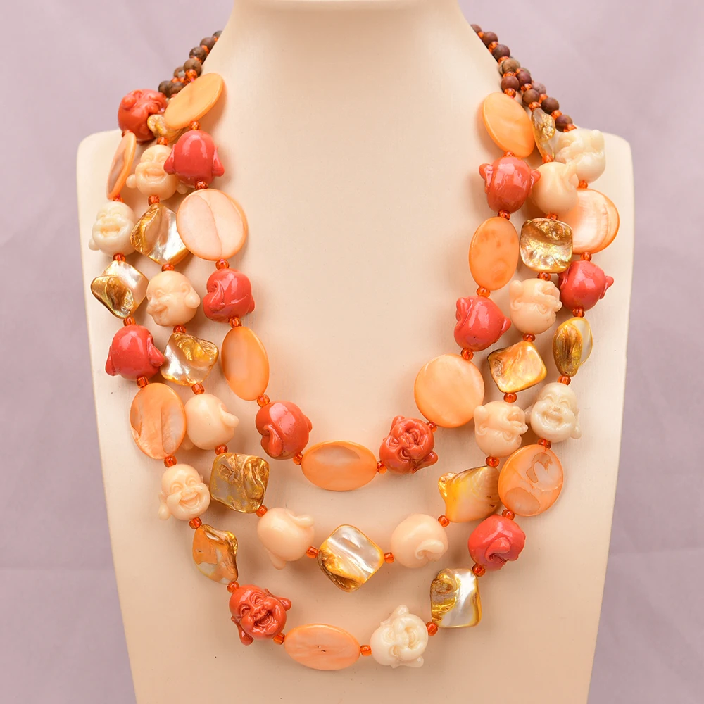 APDGG A42 Handmade 3 Rows Natural Mix Stone Shell Resin Face Jasper Multi Strands Necklace
