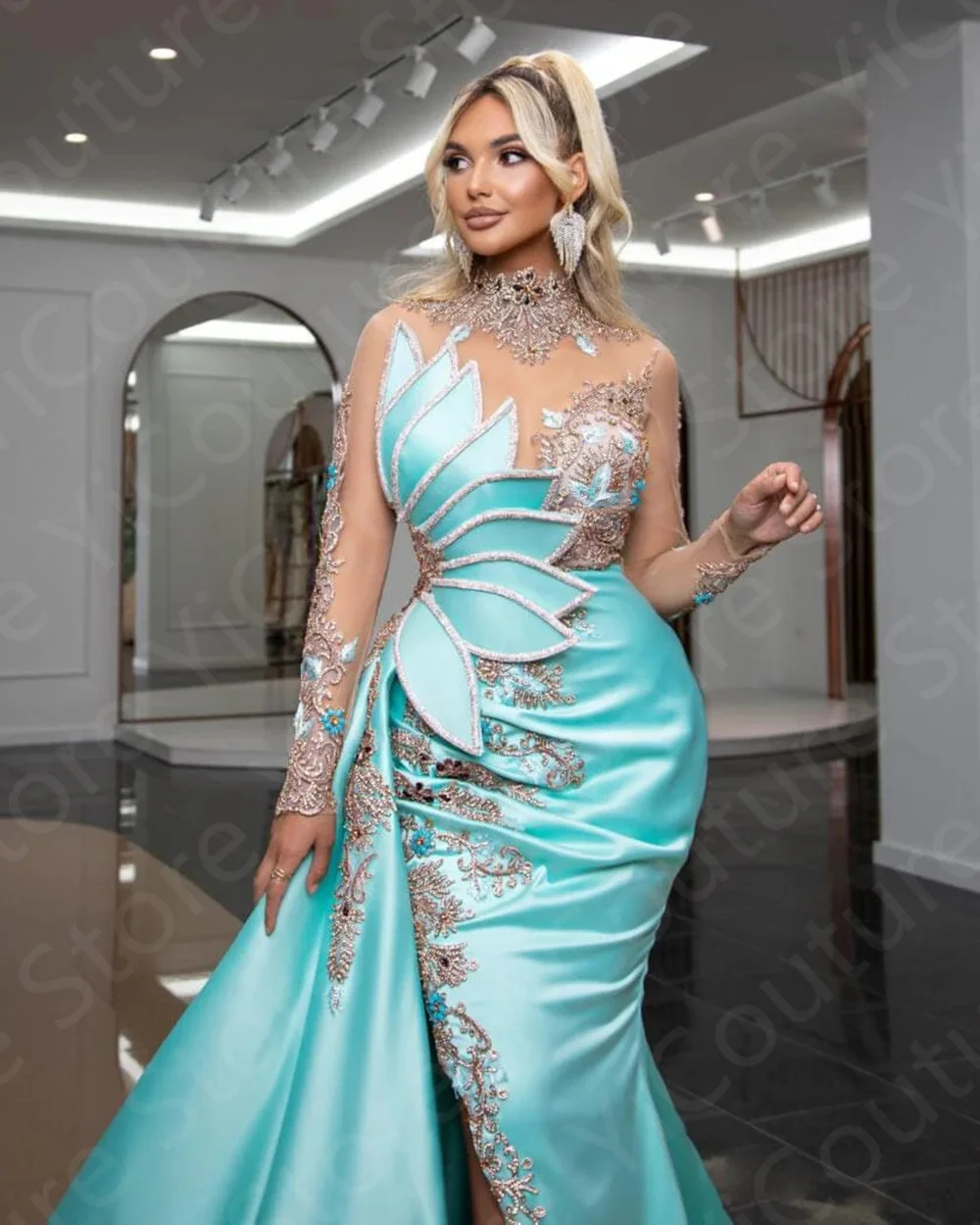 Latest Aqua Mermaid Evening Dresses 2024 Luxury Prom Gowns Long Sleeves Crystal Beading Wedding Party Dresses High Neck On Sale