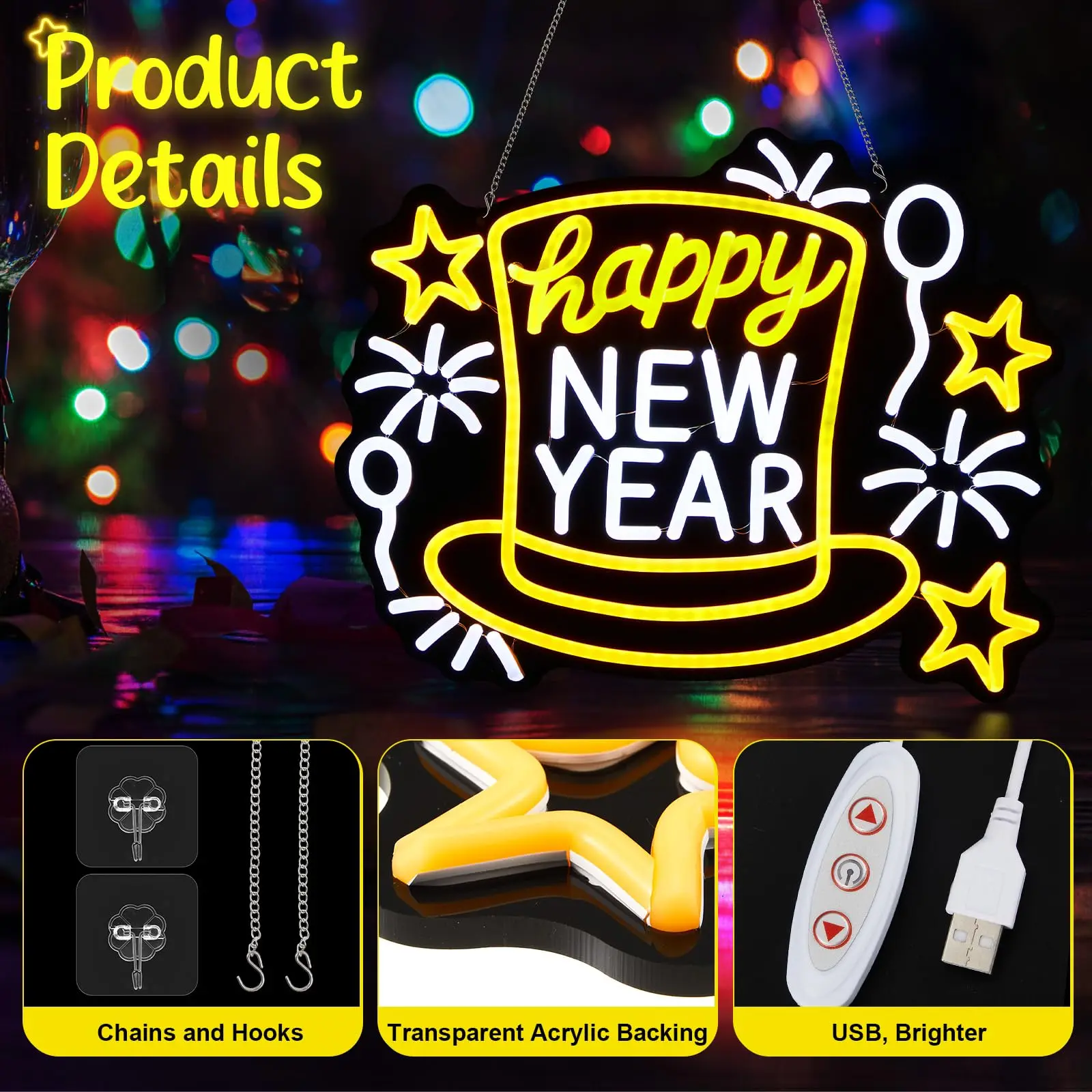 سنة جديدة سعيدة النيون ضوء USB بالطاقة LED سنة جديدة سعيدة النيون تسجيل لغرفة النوم جدار ديكور 2026 حفلة مهرجان الربيع #4