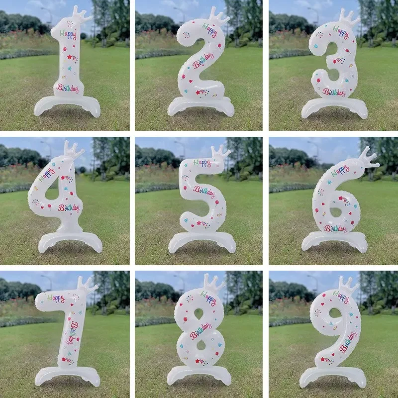 Geburtstagszahlenballon Weiß Stehend 32 Zoll Happy Birthday Bedruckter Aluminiumfolien-Geburtstagsballon mit Krone – Detail 1