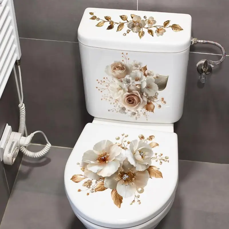Self‑Adhesive Removable Floral Toilet Lid Sticker Waterproof Decorative Decal for Bathroom Wall Home Renovation Ornament Use