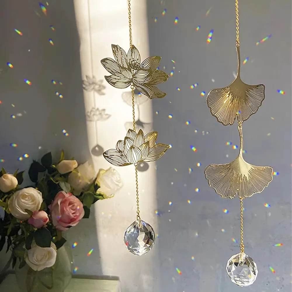 New Hanging Decoration Sun Catcher Lotus & Ginkgo Leaf Window Art Crystal Suncatcher Gift Rainbow Maker Garden