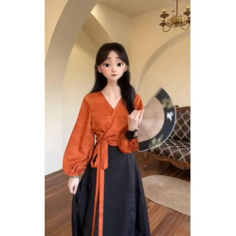 New Chinese Style Solid Color Fashionable Half Skirt Set for Women's 2024 Autumn New Improved Tie Up Shirt Top Female Clothing