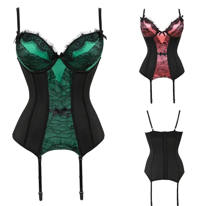 Lace Corset with Straps Women's Corsage Padded Cups Stretch Bustiers Tight Shaper Corselet High Elastic Party Night Costumes