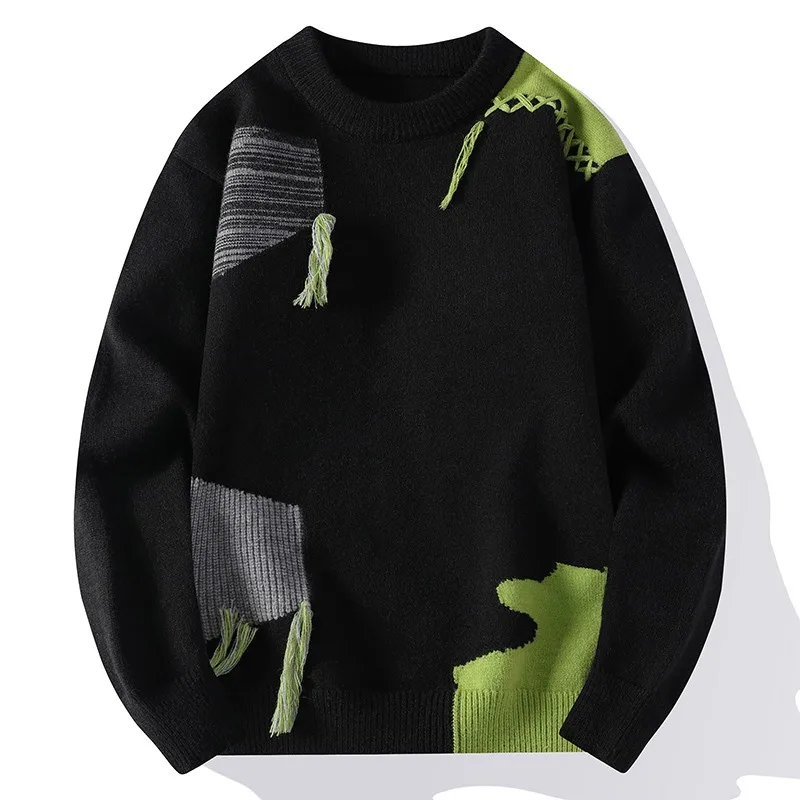 2024 Patchwork Knitted Sweater Trend High Street Autumn Winter Warm Men\'s Tops Hip-hop Street Clothing Fishing Sports Pullover