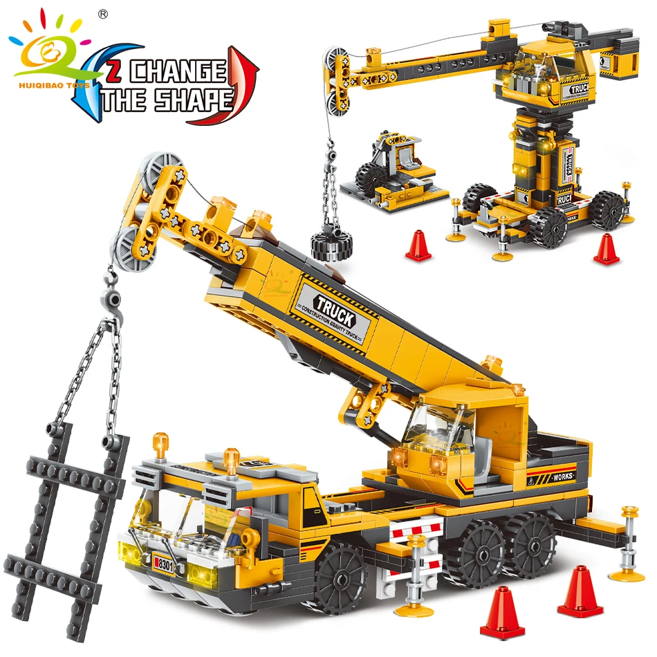 HUIQIBAO TOYS 2in1 Engineering Truck Building Blocks Crane Bulldozer Excavator Car City Construction MOC Bricks For Children Kid