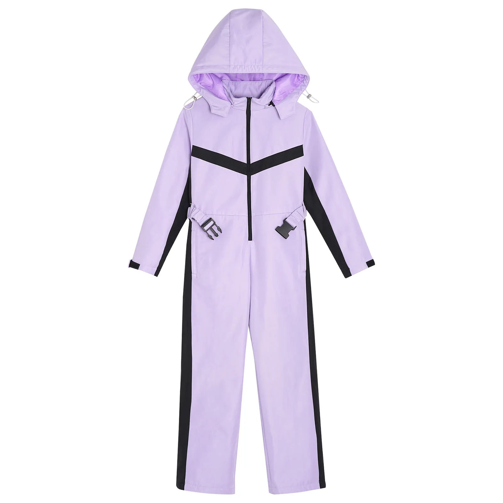 Children Girls Skiing Snowboarding Hooded Jumpsuit Long Sleeve Zipper Windproof Bodysuit with Belt Snow Sports Skating Costume